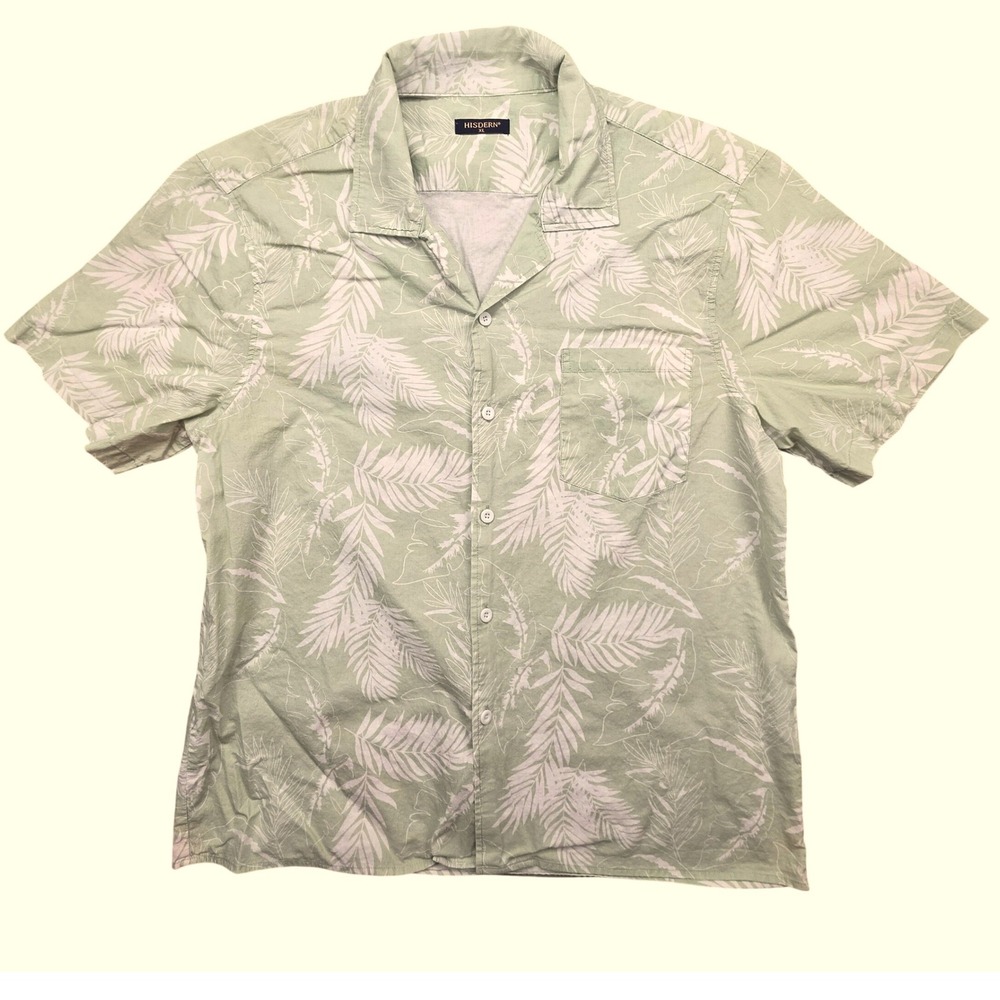 Sage Green Tropical Palm Leaf Short Sleeve Button Down Shirt HISDERN Mens XL